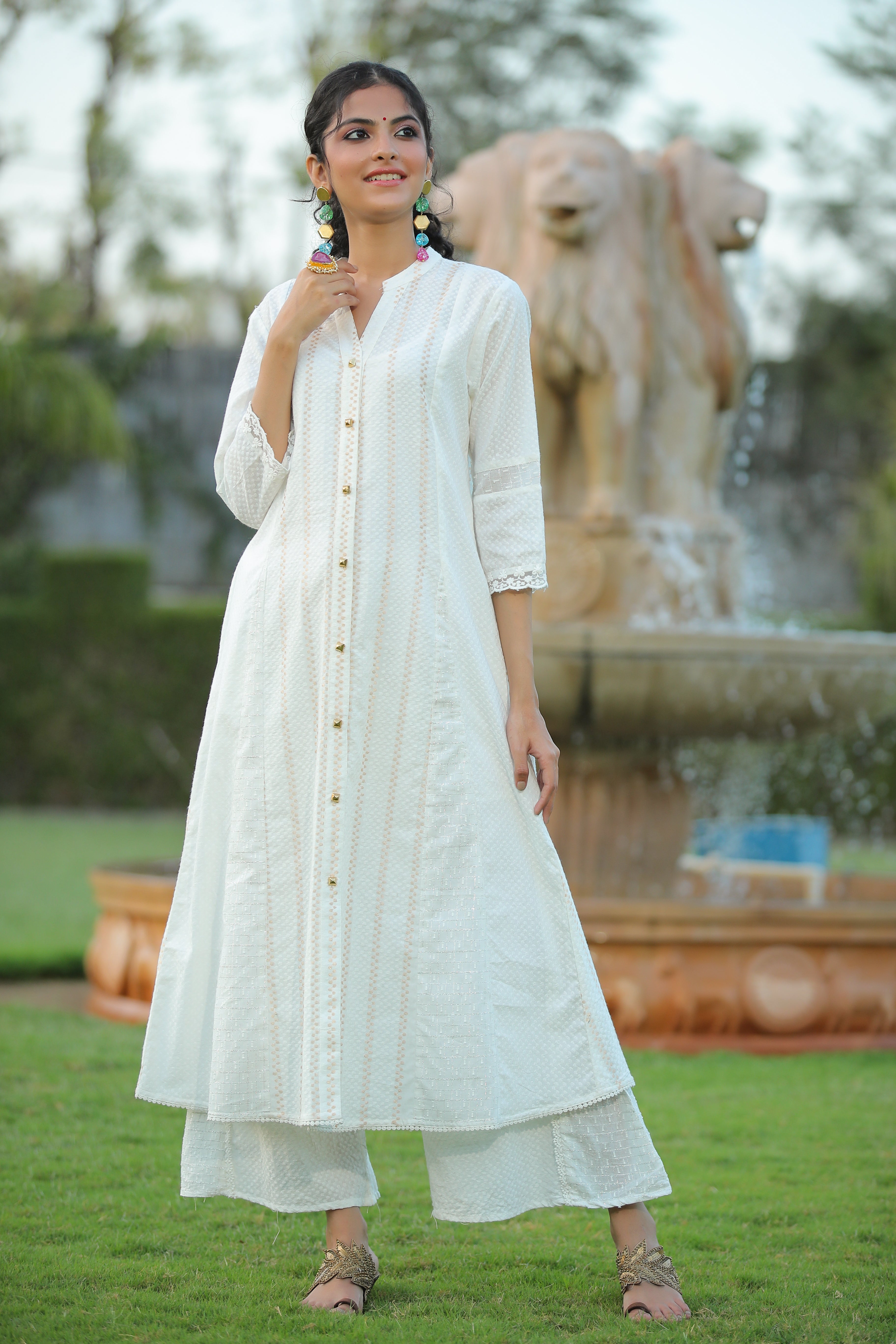 Juniper Womens White Cotton Dobby Kalidar Kurta | Grocsy