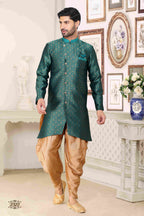 Raivat Ethnic Banarasi Jacquard Embroidery Semi Indo Western Sherwani In Green Colour | Grocsy
