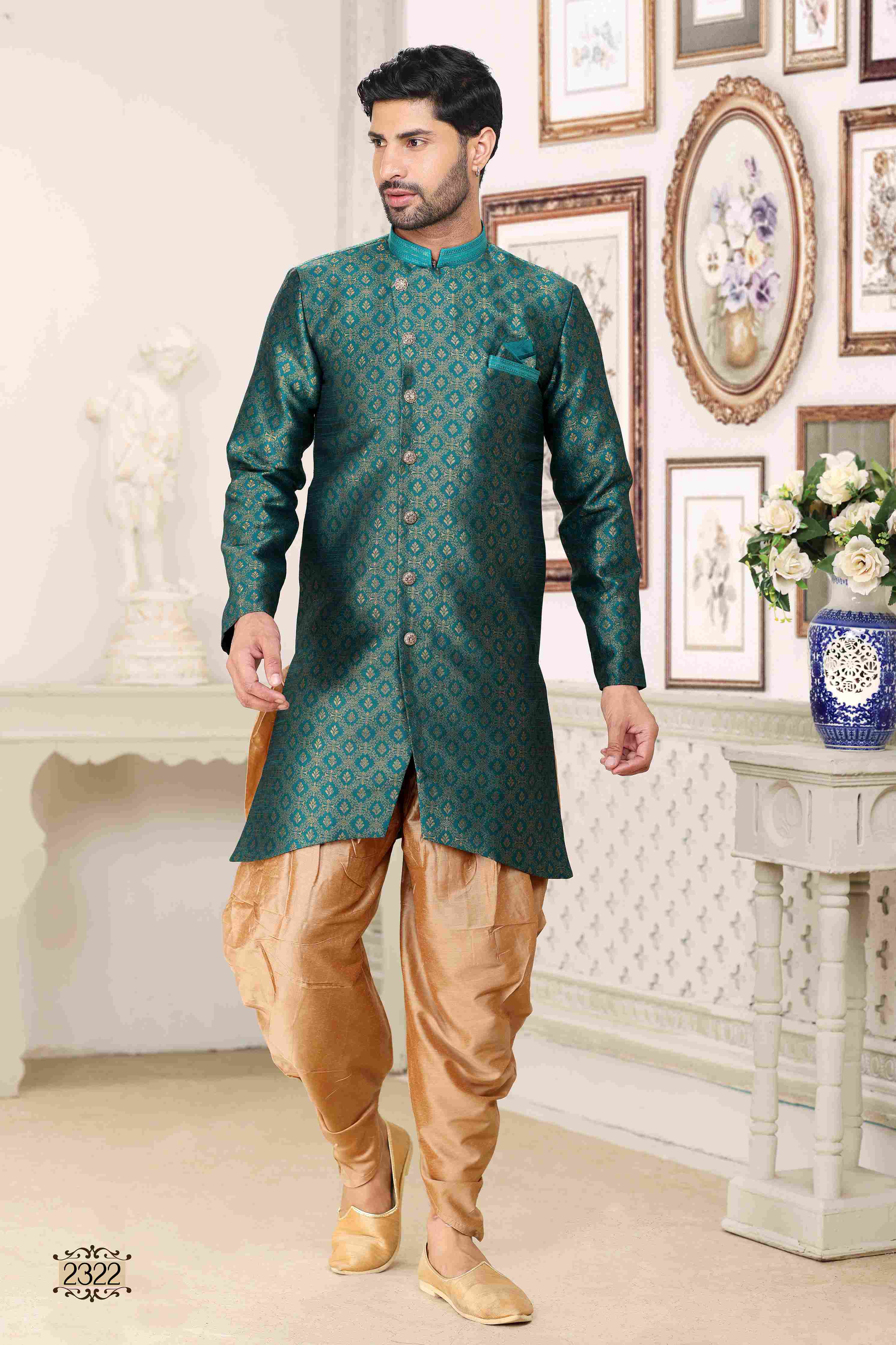 Raivat Ethnic Banarasi Jacquard Embroidery Semi Indo Western Sherwani In Green Colour | Grocsy