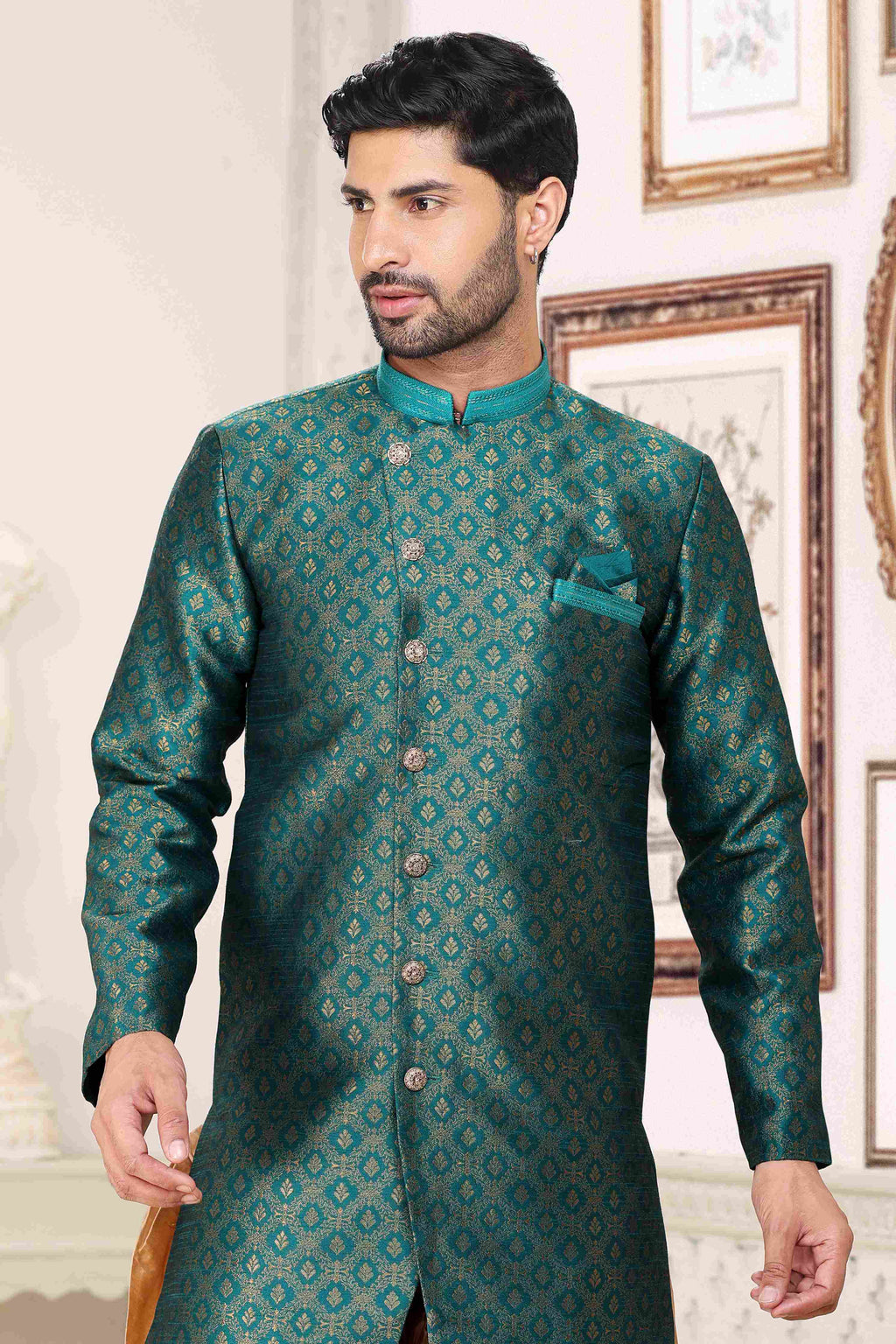 Raivat Ethnic Banarasi Jacquard Embroidery Semi Indo Western Sherwani In Green Colour | Grocsy