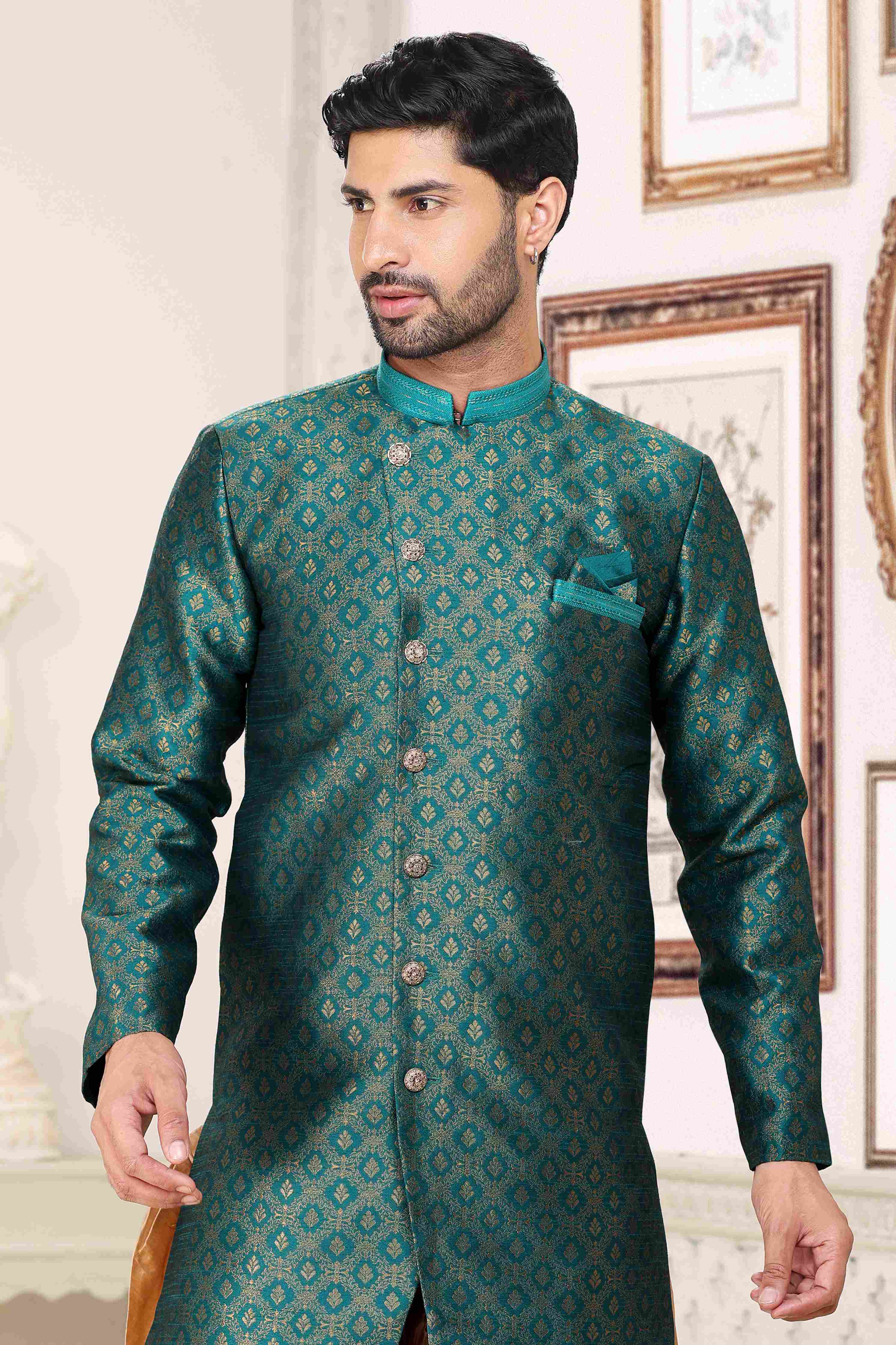 Raivat Ethnic Banarasi Jacquard Embroidery Semi Indo Western Sherwani In Green Colour | Grocsy