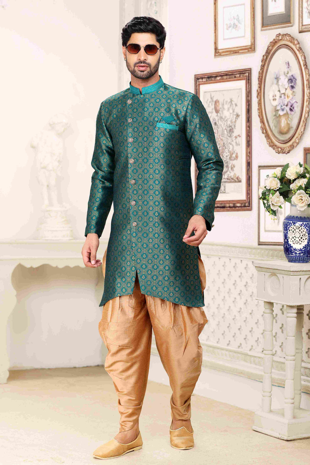 Raivat Ethnic Banarasi Jacquard Embroidery Semi Indo Western Sherwani In Green Colour | Grocsy