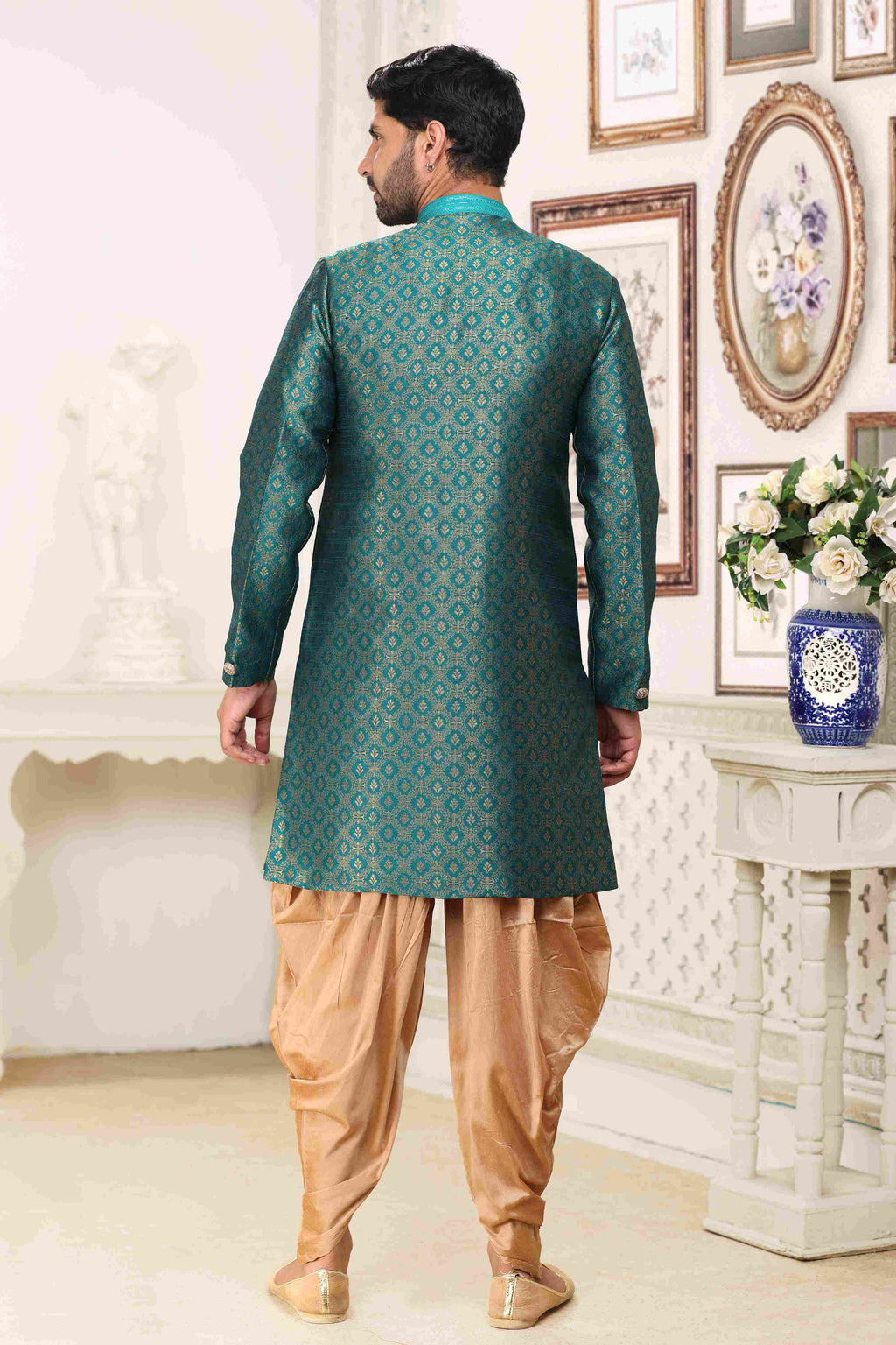 Raivat Ethnic Banarasi Jacquard Embroidery Semi Indo Western Sherwani In Green Colour | Grocsy