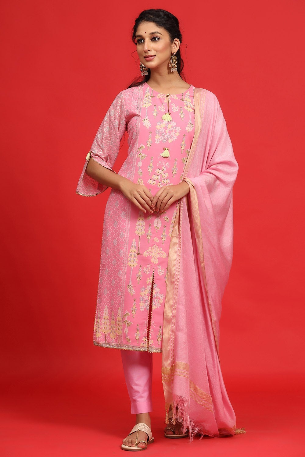 Juniper Women's Pink Georgette Printed A-Line Kurta Sets | Grocsy