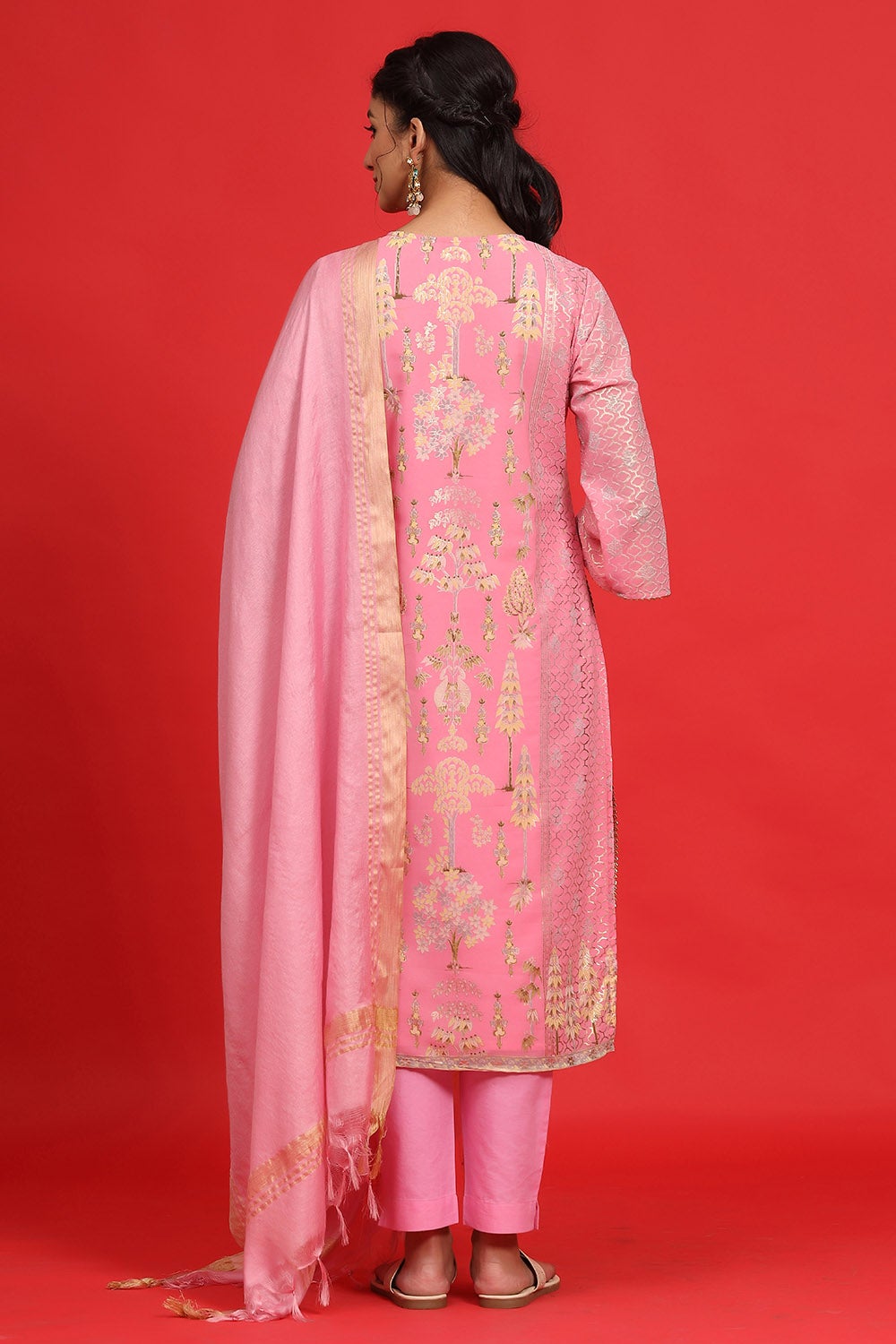 Juniper Women's Pink Georgette Printed A-Line Kurta Sets | Grocsy