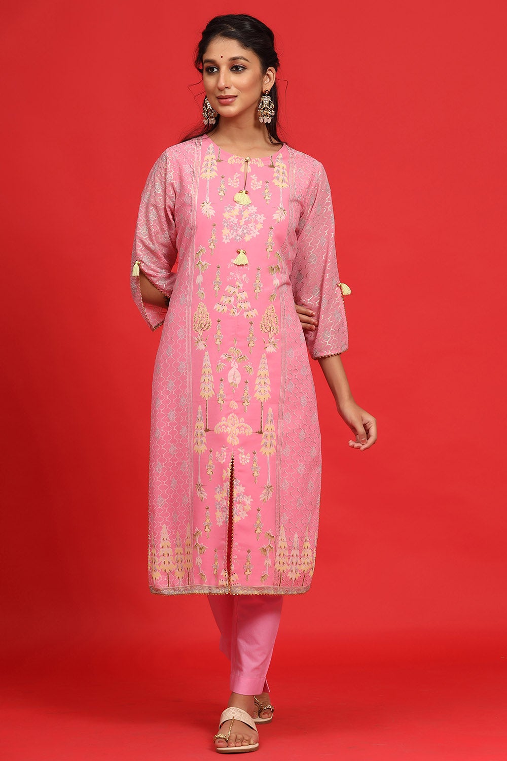 Juniper Women's Pink Georgette Printed A-Line Kurta Sets | Grocsy