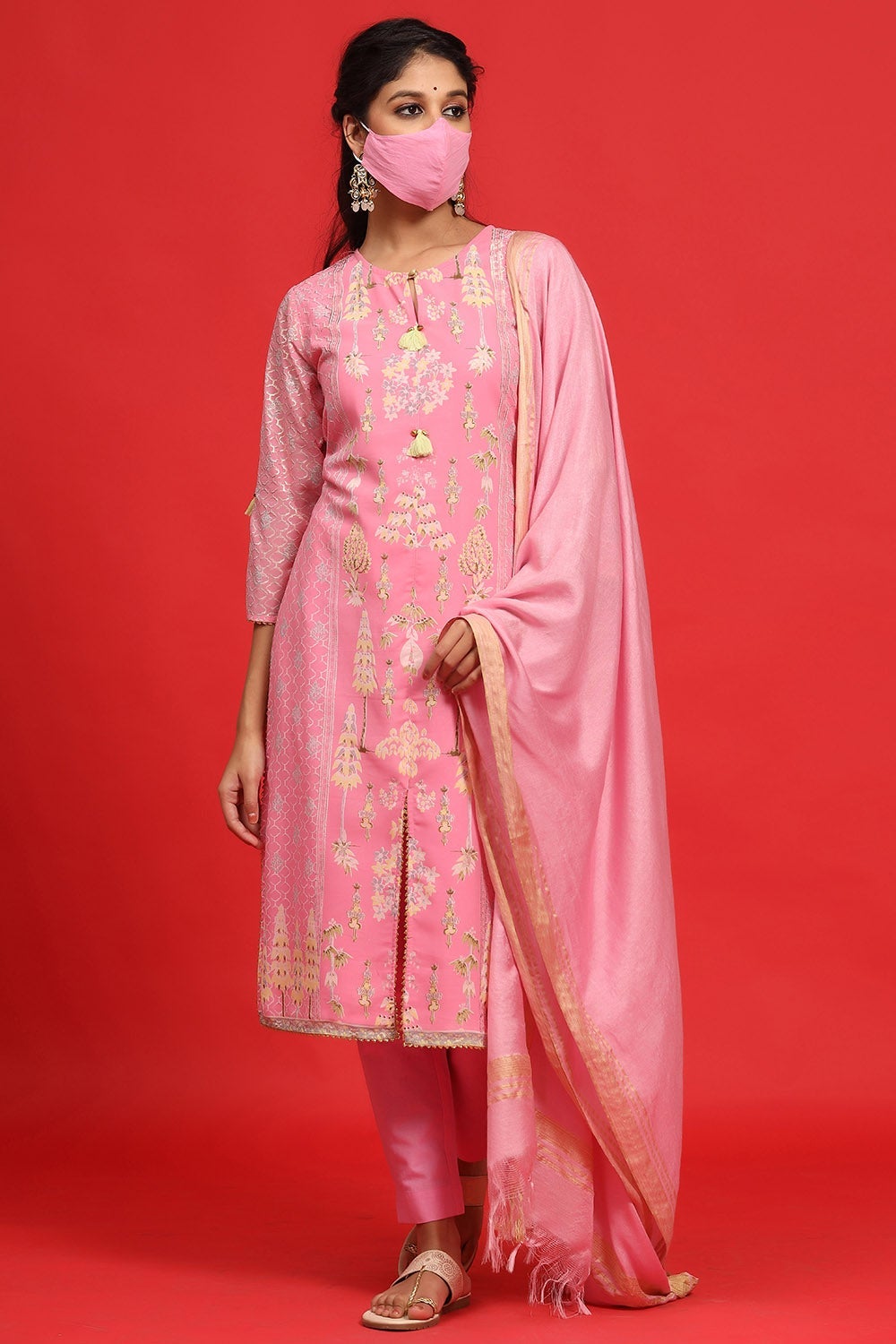 Juniper Women's Pink Georgette Printed A-Line Kurta Sets | Grocsy