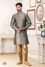 Raivat Ethnic Banarasi Jacquard Embroidery Semi Indo Western Sherwani In Grey Colour | Grocsy