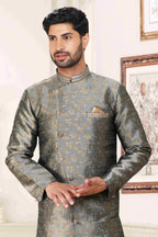 Raivat Ethnic Banarasi Jacquard Embroidery Semi Indo Western Sherwani In Grey Colour | Grocsy