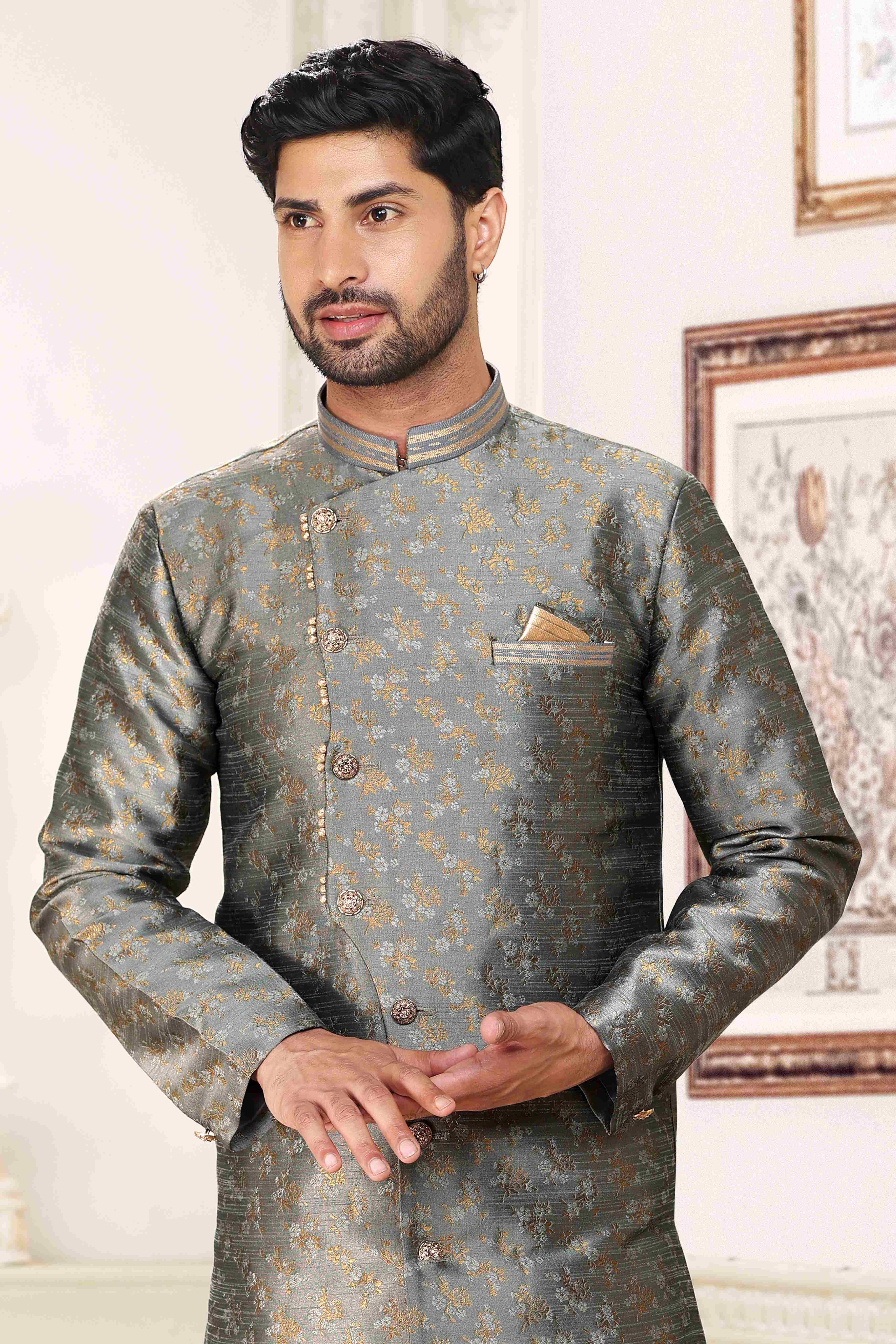 Raivat Ethnic Banarasi Jacquard Embroidery Semi Indo Western Sherwani In Grey Colour | Grocsy