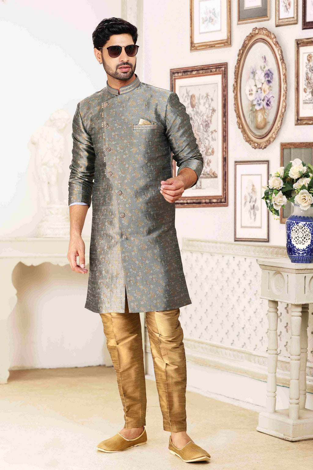 Raivat Ethnic Banarasi Jacquard Embroidery Semi Indo Western Sherwani In Grey Colour | Grocsy