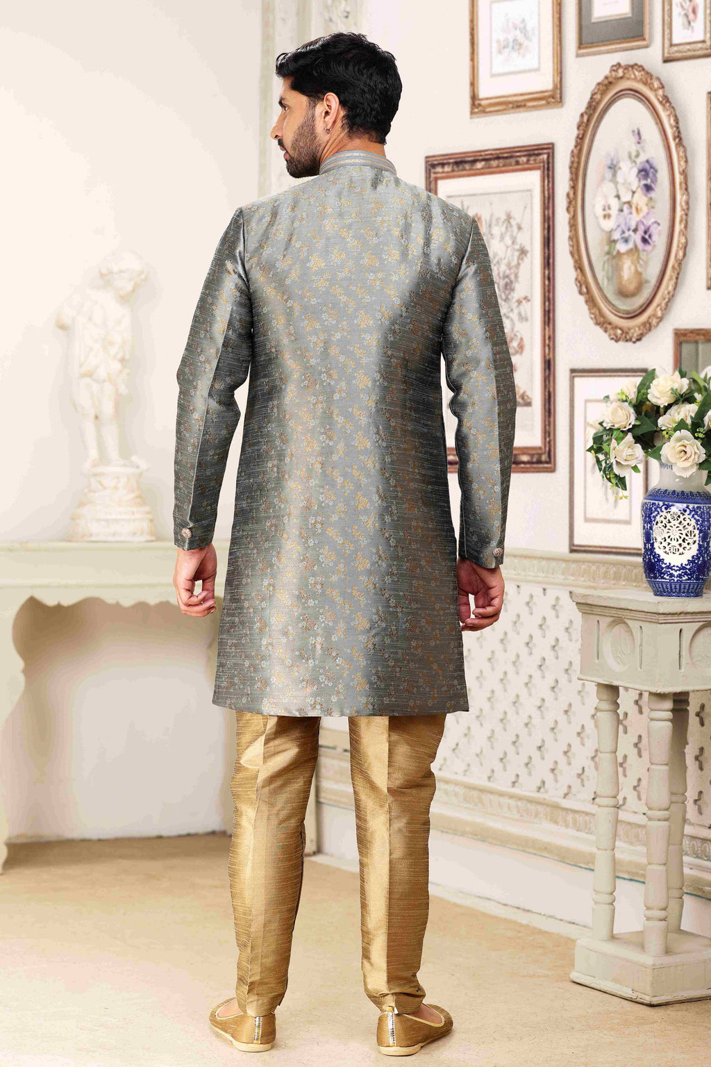 Raivat Ethnic Banarasi Jacquard Embroidery Semi Indo Western Sherwani In Grey Colour | Grocsy