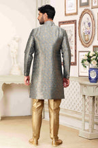 Raivat Ethnic Banarasi Jacquard Embroidery Semi Indo Western Sherwani In Grey Colour | Grocsy