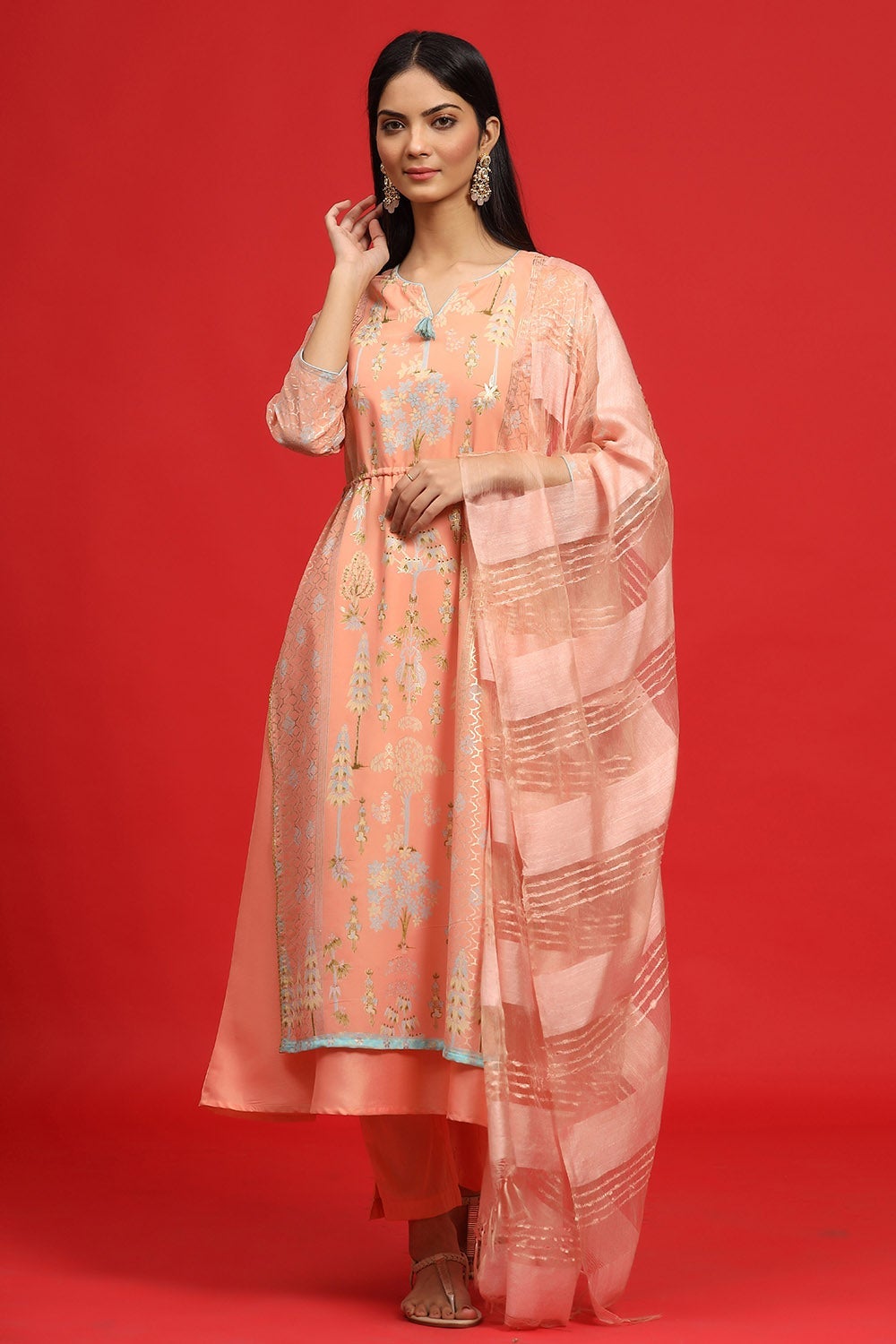 Juniper Women's Orange Georgette Printed Layered Kurta Sets | Grocsy