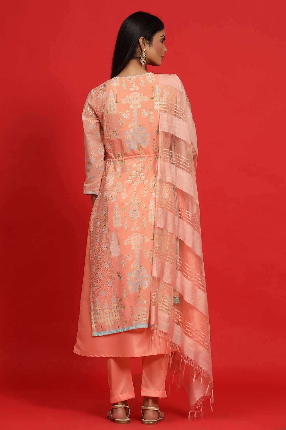 Juniper Women's Orange Georgette Printed Layered Kurta Sets | Grocsy