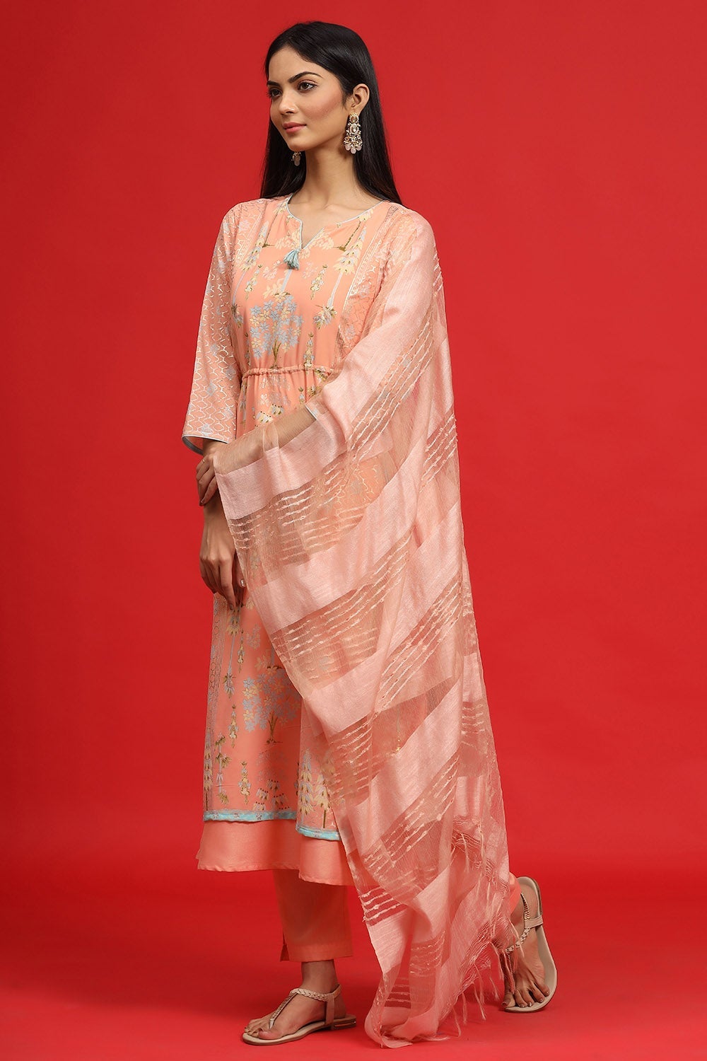 Juniper Women's Orange Georgette Printed Layered Kurta Sets | Grocsy