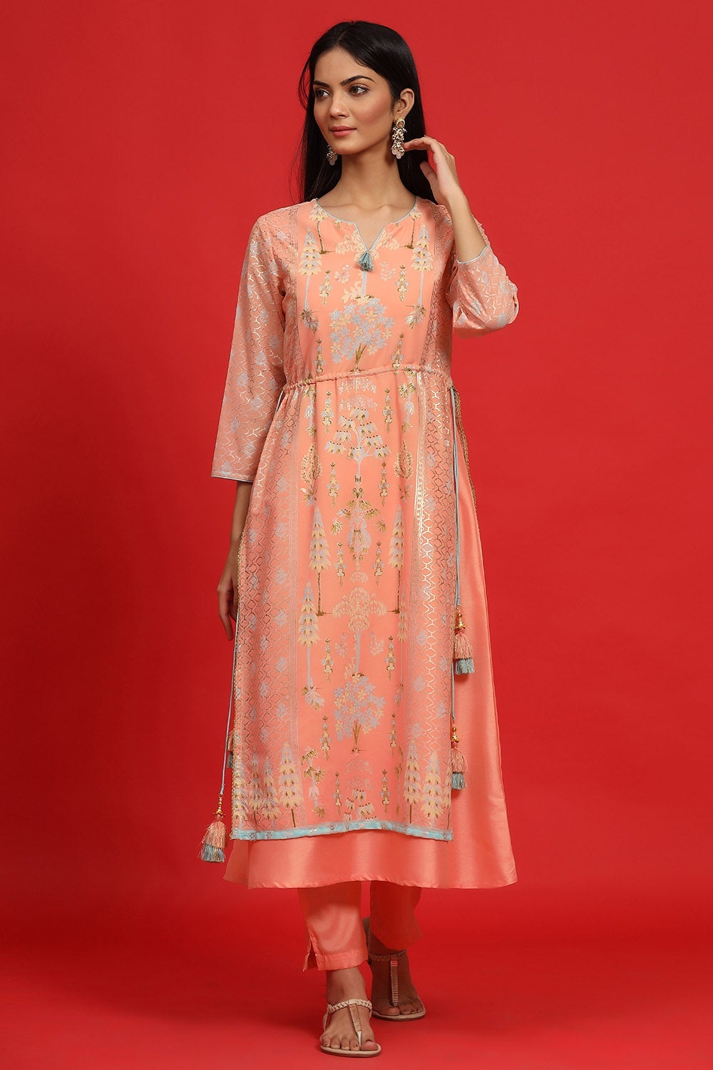 Juniper Women's Orange Georgette Printed Layered Kurta Sets | Grocsy