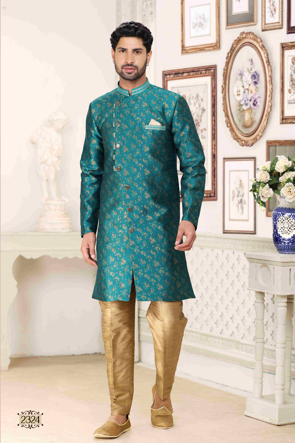 Raivat Ethnic Banarasi Jacquard Embroidery Semi Indo Western Sherwani In Green Colour | Grocsy