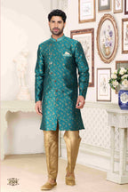 Raivat Ethnic Banarasi Jacquard Embroidery Semi Indo Western Sherwani In Green Colour | Grocsy