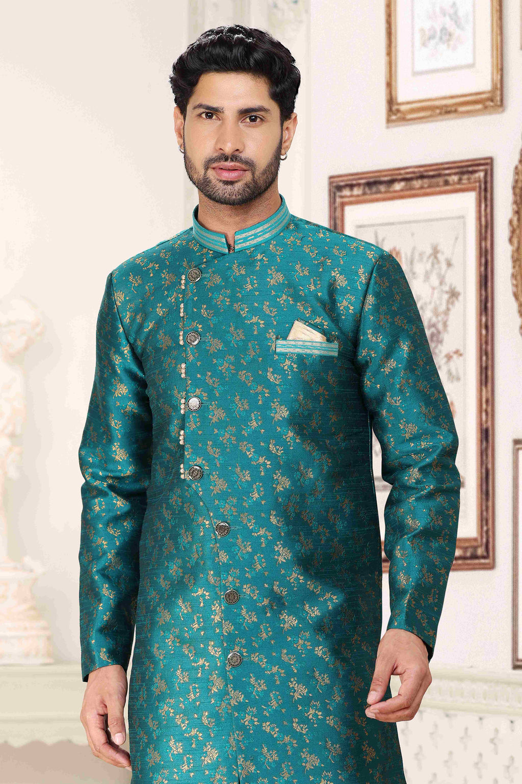 Raivat Ethnic Banarasi Jacquard Embroidery Semi Indo Western Sherwani In Green Colour | Grocsy