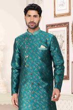 Raivat Ethnic Banarasi Jacquard Embroidery Semi Indo Western Sherwani In Green Colour | Grocsy