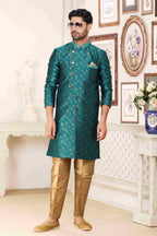 Raivat Ethnic Banarasi Jacquard Embroidery Semi Indo Western Sherwani In Green Colour | Grocsy