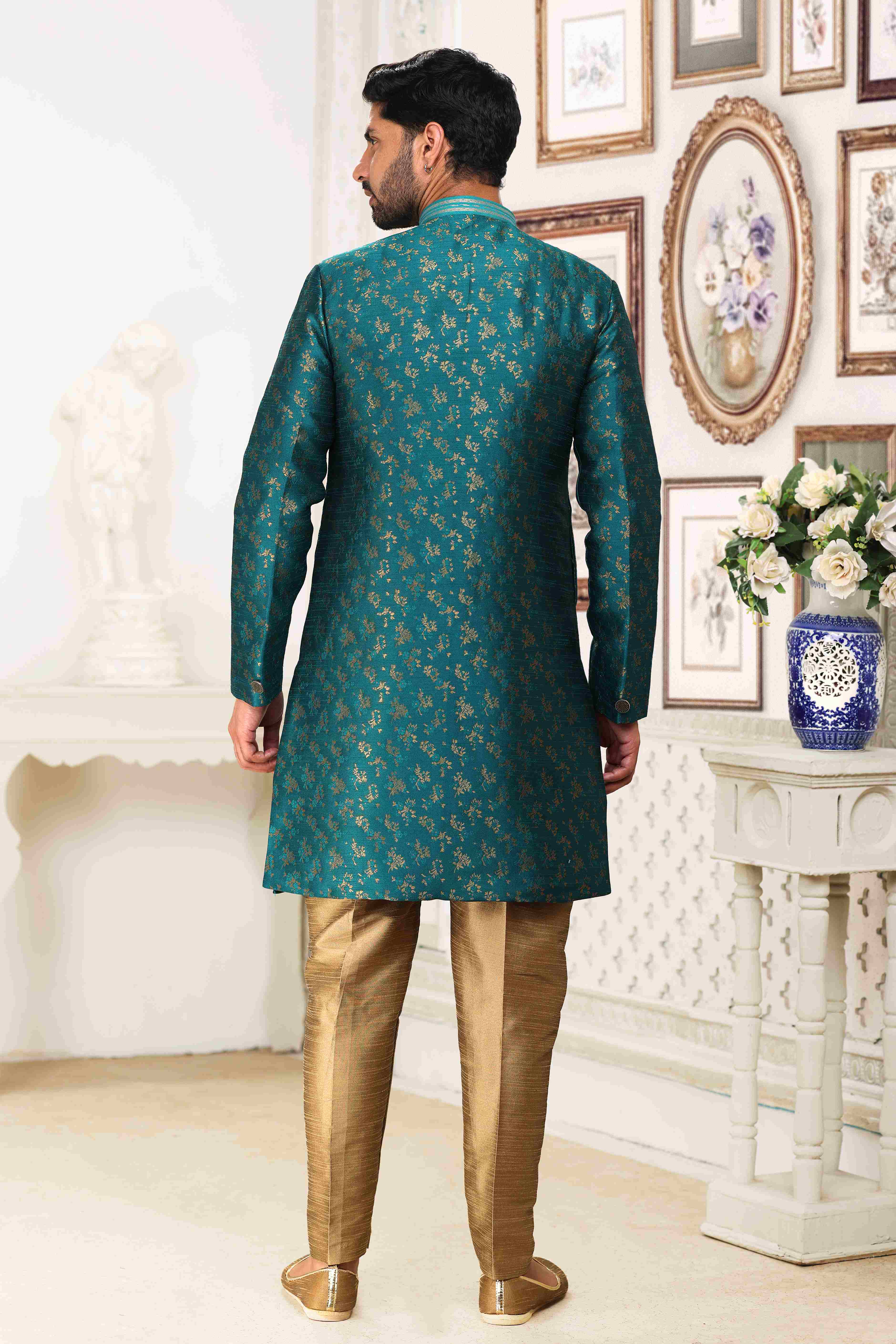 Raivat Ethnic Banarasi Jacquard Embroidery Semi Indo Western Sherwani In Green Colour | Grocsy