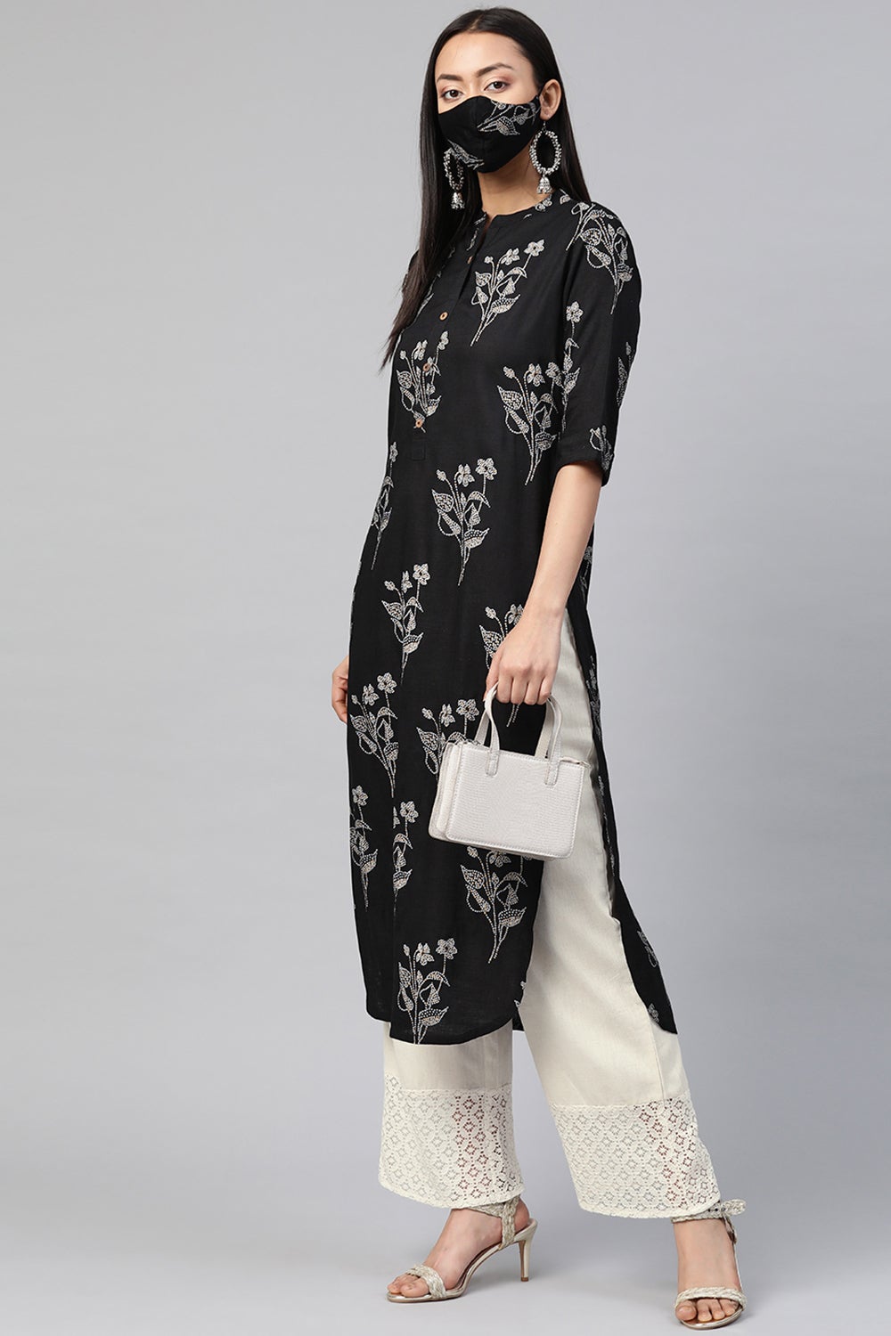 Juniper Women's Black Rayon Slub Bandhani Straight Kurta | Grocsy