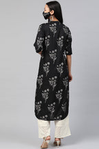 Juniper Women's Black Rayon Slub Bandhani Straight Kurta | Grocsy