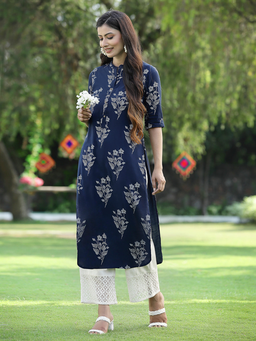 Juniper Womens Indigo Rayon Slub Printed Straight Kurta | Grocsy