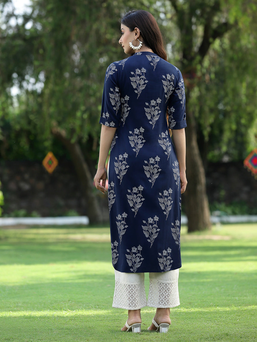 Juniper Womens Indigo Rayon Slub Printed Straight Kurta | Grocsy