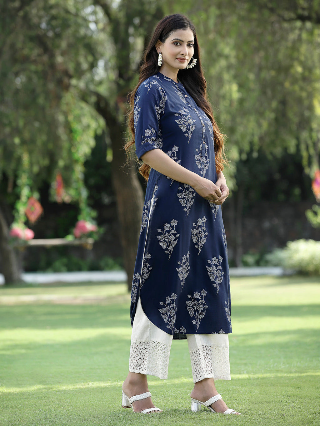 Juniper Womens Indigo Rayon Slub Printed Straight Kurta | Grocsy