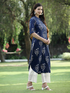 Juniper Womens Indigo Rayon Slub Printed Straight Kurta | Grocsy