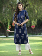 Juniper Womens Indigo Rayon Slub Printed Straight Kurta | Grocsy