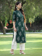 Juniper Womens Jadegreen Rayon Slub Printed Straight Kurta | Grocsy