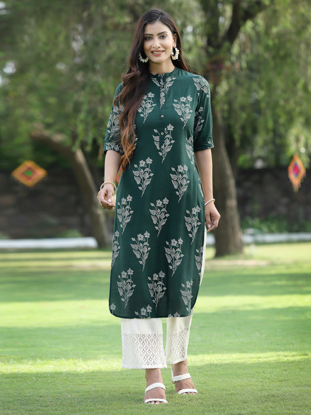 Juniper Womens Jadegreen Rayon Slub Printed Straight Kurta | Grocsy
