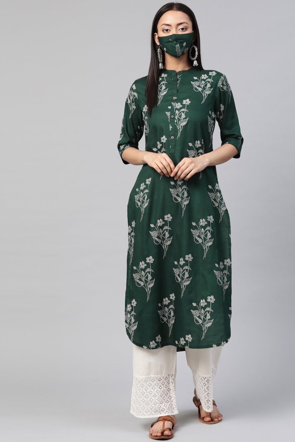 Juniper Women's Jadegreen Rayon Slub Bandhani Straight Kurta | Grocsy