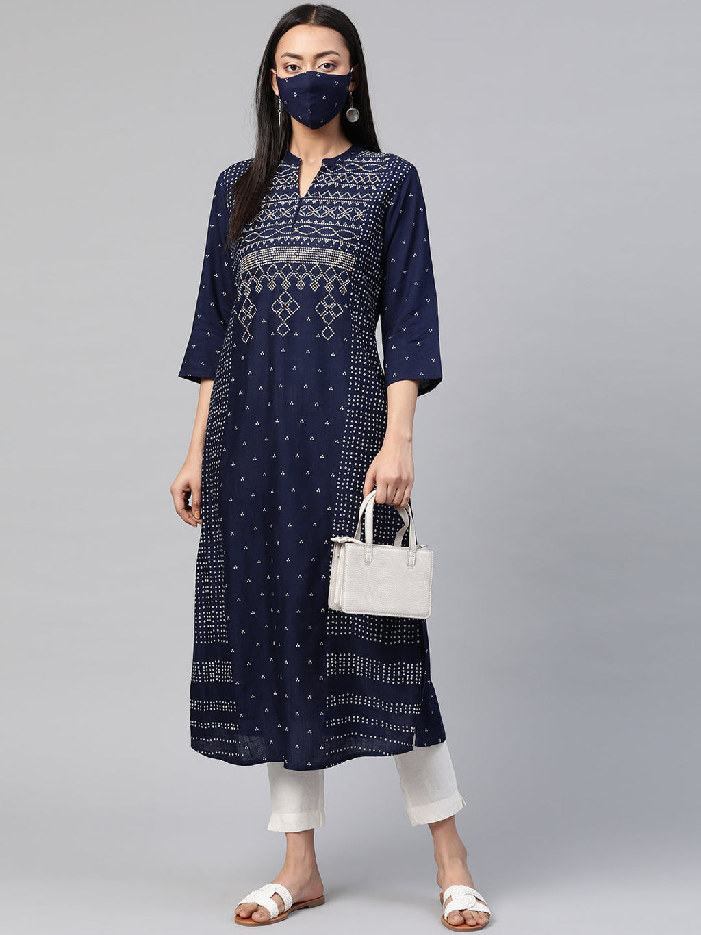 Juniper Womens Indigo Rayon Slub Placement Printed A Line Kurta | Grocsy