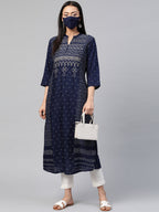 Juniper Womens Indigo Rayon Slub Placement Printed A Line Kurta | Grocsy