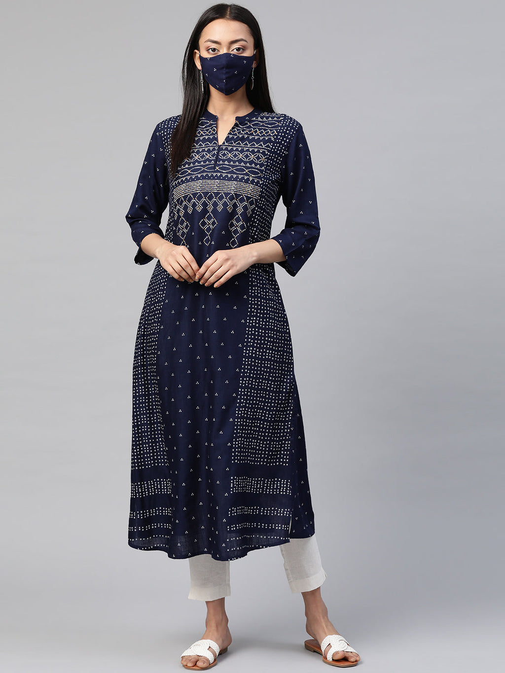 Juniper Womens Indigo Rayon Slub Placement Printed A Line Kurta | Grocsy