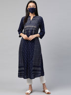 Juniper Womens Indigo Rayon Slub Placement Printed A Line Kurta | Grocsy