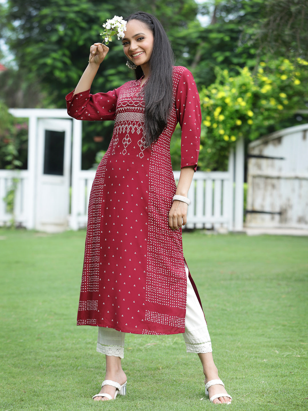 Juniper Womens Maroon Rayon Slub Placement Printed A Line Kurta | Grocsy