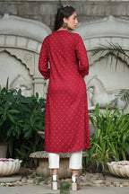 Juniper Women's Maroon Rayon Slub Bandhani A-Line Kurta | Grocsy