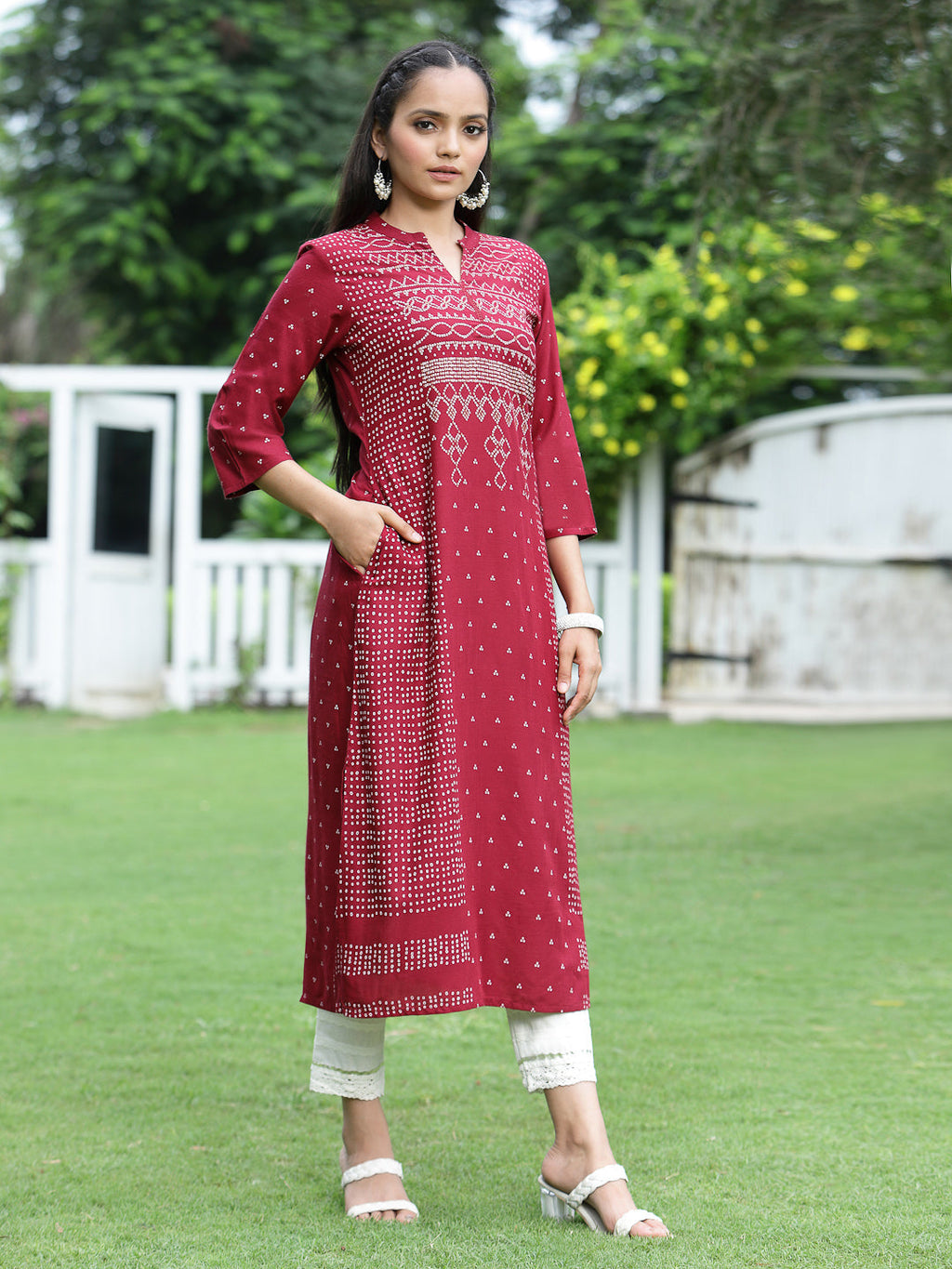 Juniper Womens Maroon Rayon Slub Placement Printed A Line Kurta | Grocsy