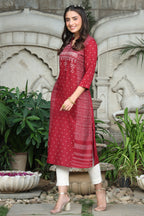 Juniper Women's Maroon Rayon Slub Bandhani A-Line Kurta | Grocsy