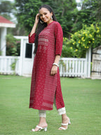 Juniper Womens Maroon Rayon Slub Placement Printed A Line Kurta | Grocsy