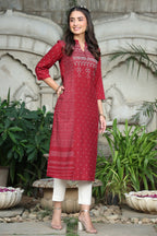 Juniper Women's Maroon Rayon Slub Bandhani A-Line Kurta | Grocsy