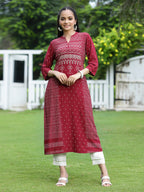 Juniper Womens Maroon Rayon Slub Placement Printed A Line Kurta | Grocsy