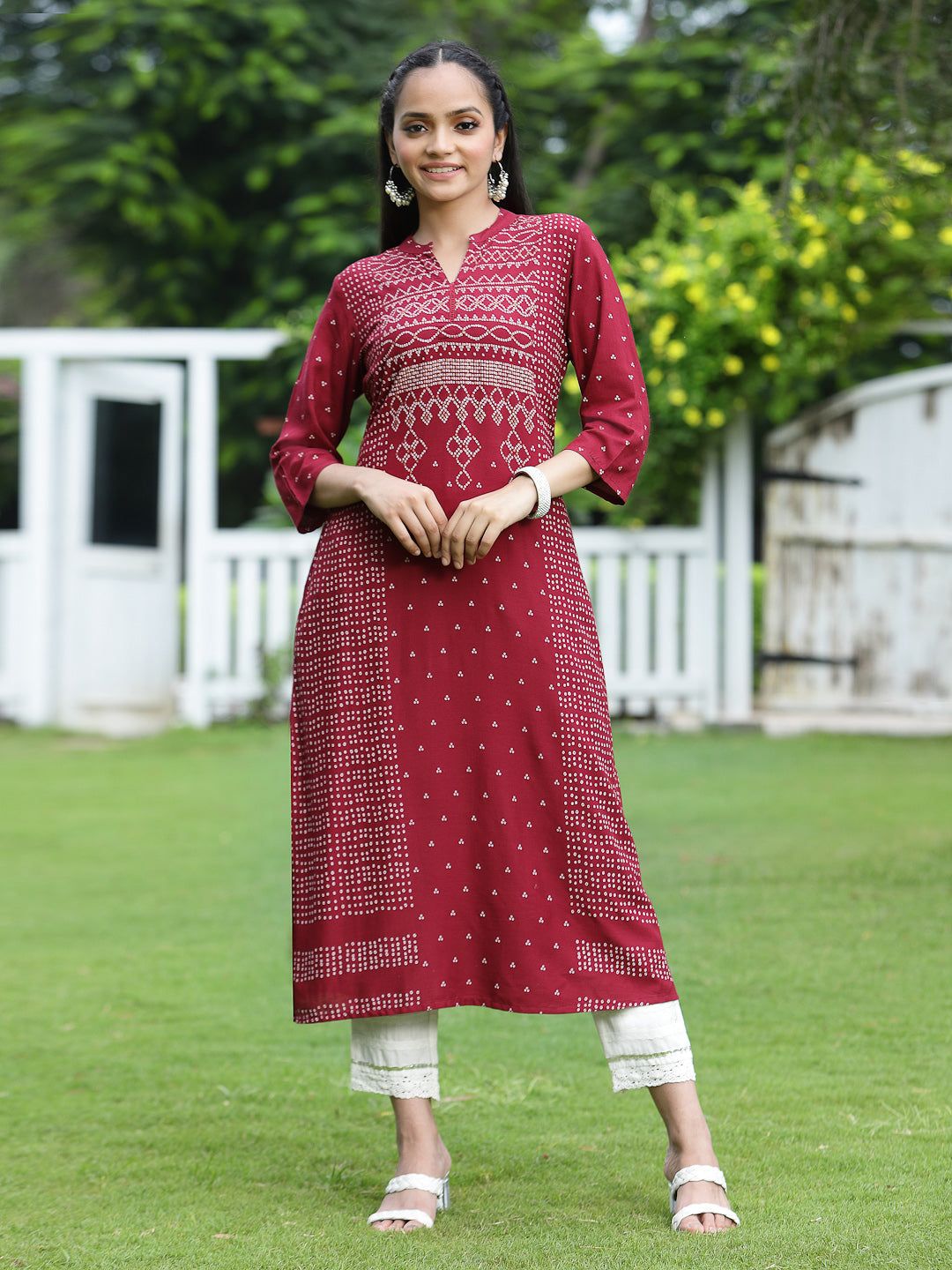 Juniper Womens Maroon Rayon Slub Placement Printed A Line Kurta | Grocsy