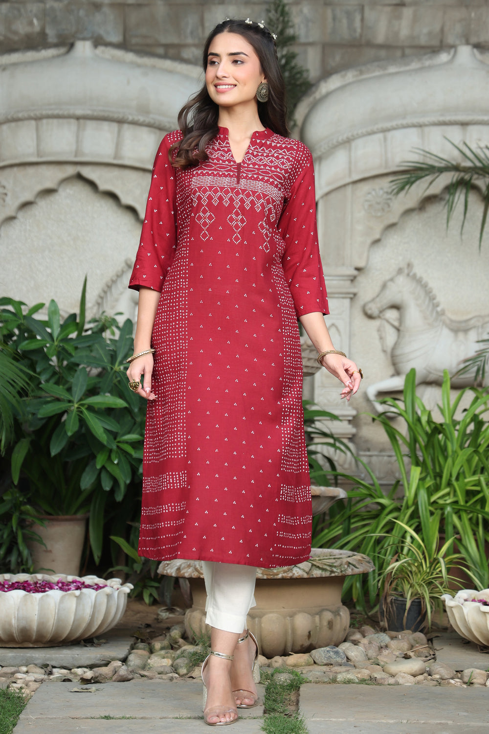 Juniper Women's Maroon Rayon Slub Bandhani A-Line Kurta | Grocsy